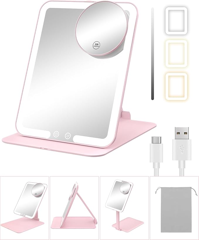 Gospire Travel Makeup Mirror with Lights and Magnification 10X, Portable Make Up Compact Tabletop Mirror with Adjustable Stand, 3 Colored Lights Rechargeable Lighted LED Vanity Mirror - Pink