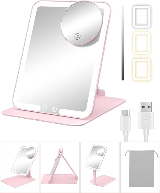 Gospire Travel Makeup Mirror with Lights and Magnification 10X, Portable Make Up Compact Tabletop Mirror with Adjustable Stand, 3 Colored Lights Rechargeable Lighted LED Vanity Mirror - Pink