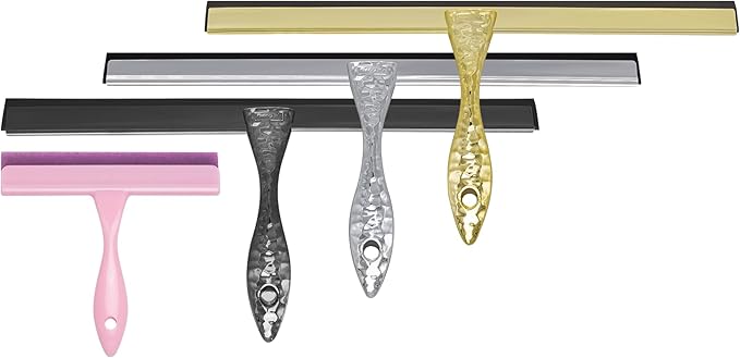 10 inch Shower Squeegee with 2 Hooks & Mini Scraper, Stainless Steel Glass Squeegee with Non-Slip Hammered Handle, Silicone Bathroom Wiper for Mirror, Tile, Window Cleaning Accessories
