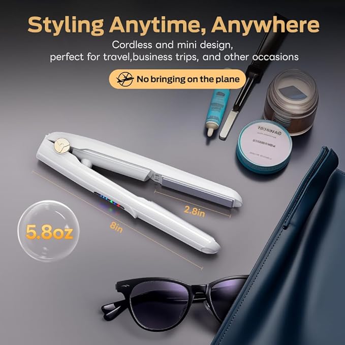 Cordless Hair Straightener and Curler 2 in 1 Ceramic Flat Iron Mini Cordless Portable Travel Hot Tools Straight Curl for Women Men USB Rechargeable with Pouch (White)