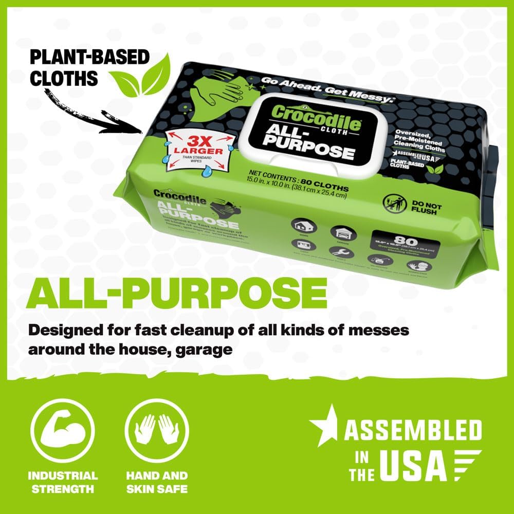 Crocodile Cloth All-Purpose Cleaning Wipes – 80 Count, 15"x10" Extra Large Plant-Based Disposable Cloths – Moist, Absorbent, Safe on Skin, Multi-Surface Use