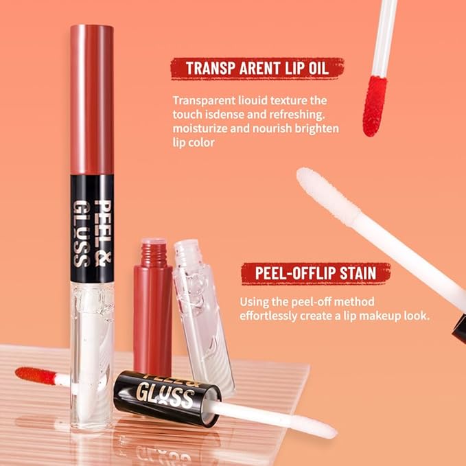2Pcs Peel Off Lip Gloss Tattoo and Lip Oil 2-in-1, Lip Stain Peel Off Masque - Peel Off Lip Tint ,Long Lasting Waterproof Transfer-proof Lip Mask Lip Gloss Peel Off Lip Liner,Stay Lip Makeup 01#+04#