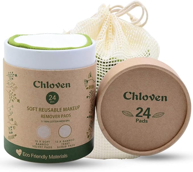 Chloven Reusable Makeup Remover Pads 24 Pack - Washable Eco-Friendly Bamboo Velour Pads for All Skin Types,Bamboo Reusable Cotton Rounds for Toner, with Cotton Laundry Bag and Round Box for Storage