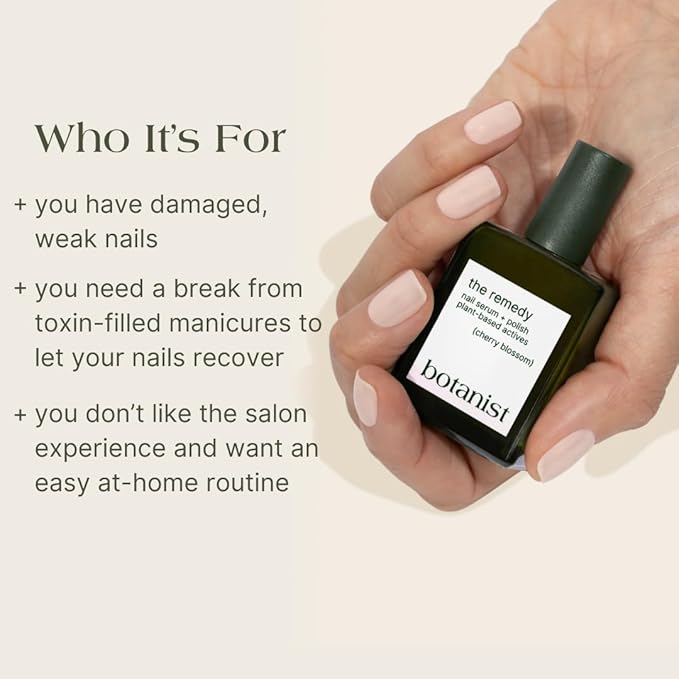Botanist The Remedy | Nail Strengthening Polish | Repairs & Hardens Nails Damaged from Acrylics, Dip & Gel Manicures | Non-Toxic, 84% Plant Based, 21-Free & Vegan (Cherry Blossom)