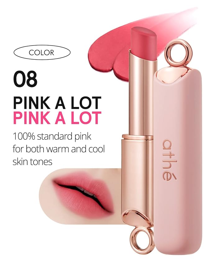 ATHÉ Authentic Airy Lip Balm 08 PINK A LOT, Korean Vegan Color Lip Blam, Flake-Free Slim Fit Lips, Silky Powdery Finish & Air-like Blurring with Vibrant Colors, 0.11oz.