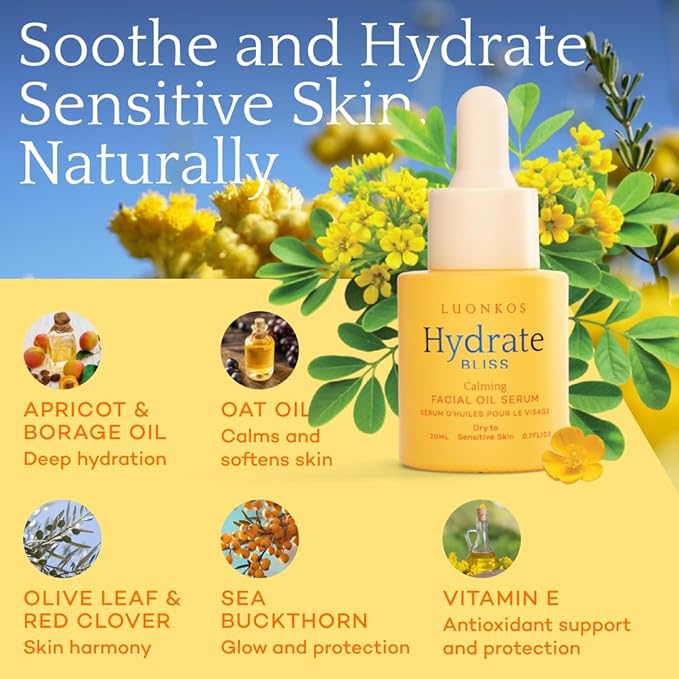 Bliss Facial Serum, Oil-Based Alternative to Vitamin C Serum for Face – Smooth Hydrating Serum with Vitamin E, Almond Oil, Squalane, Flower Extracts - For Dry and Sensitive Skin - 20ml