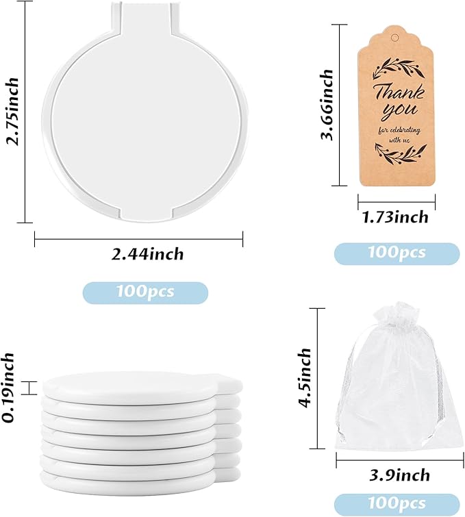 100 Pcs Compact Mirror Bulk Round Makeup Mirror for Purse Gifts Mini Round Folding Mirrors Vintage Travel Mirror Portable Makeup Pocket Mirror Small Purse Mirror with Tag and Organza Bag for Women