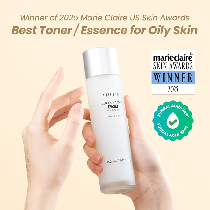 TIRTIR Milk Skin Rice Toner Light | Instant Hydration with 4% Niacinamide, Pantenol, Lightweight, Pore-Tightening, Vegan, Acne-Prone, Oily Skin, Fungal Acne Safe, Korean Skin Care, 0.67 Fl Oz