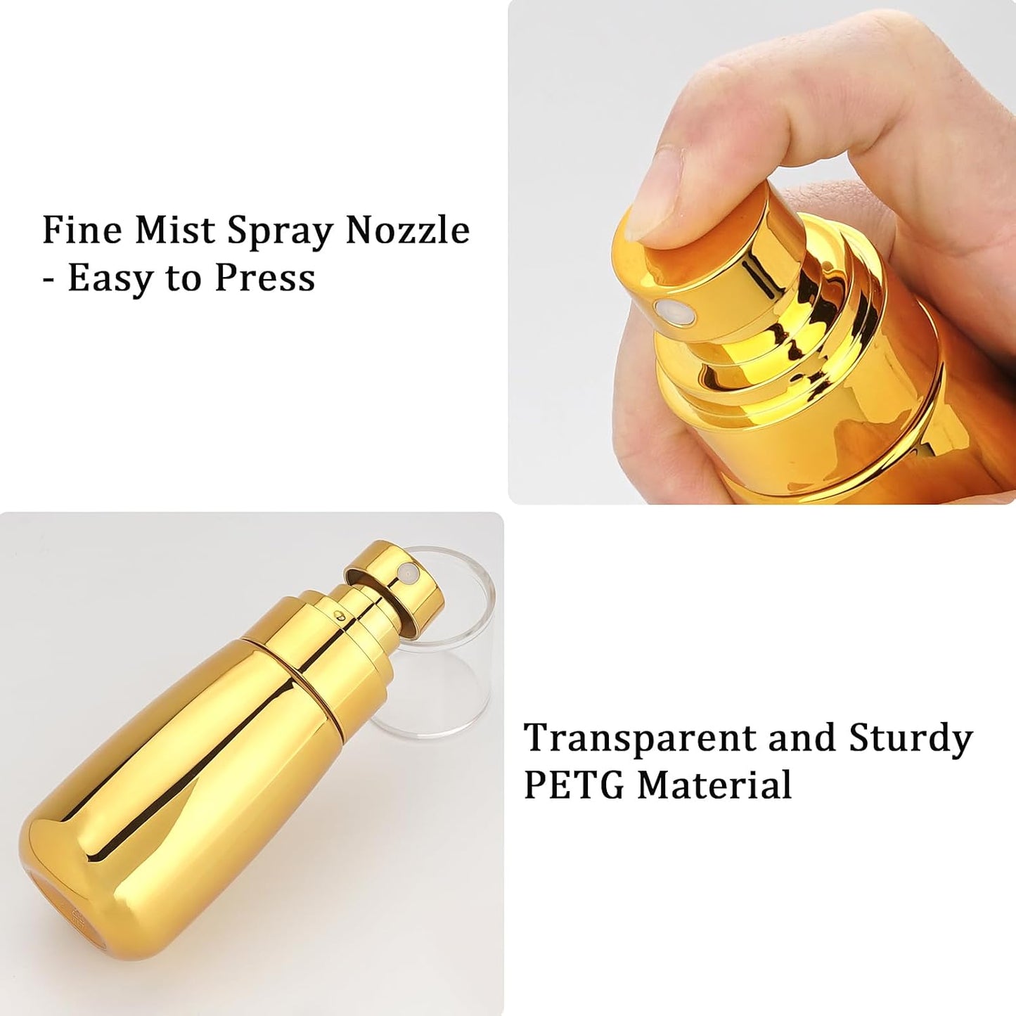 Cosywell Travel Spray Bottle TSA Approved 3 Pack 2oz 60ml Leak Proof Fine Mist Spray Bottle Empty Plastic Refillable Containers for Hair Perfume Toners Rose Water Cosmetics(Gold+Green+Clear)