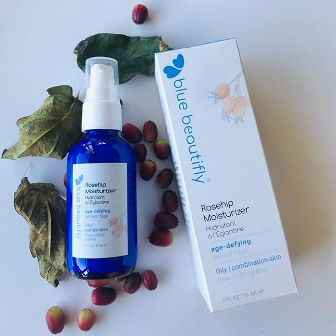 Blue Beautifly Rosehip Face Moisturizer - Restores Elasticity, Boosts Collagen, and Protects the Skin - Hyaluronic Acid Moisturizer Super-Charged with Ribose, and Marine Pine Bark Extract - 2 fl oz