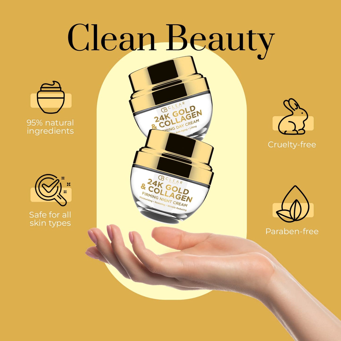 Clear Beauty 24K Gold & Collagen Day/Night Moisturizer Set - Dermatologist Tested, Hydrating, Anti-Aging Cream, Natural Ingredients, Cruelty Free Korean Skin Care, All Skin Types - Value Pack