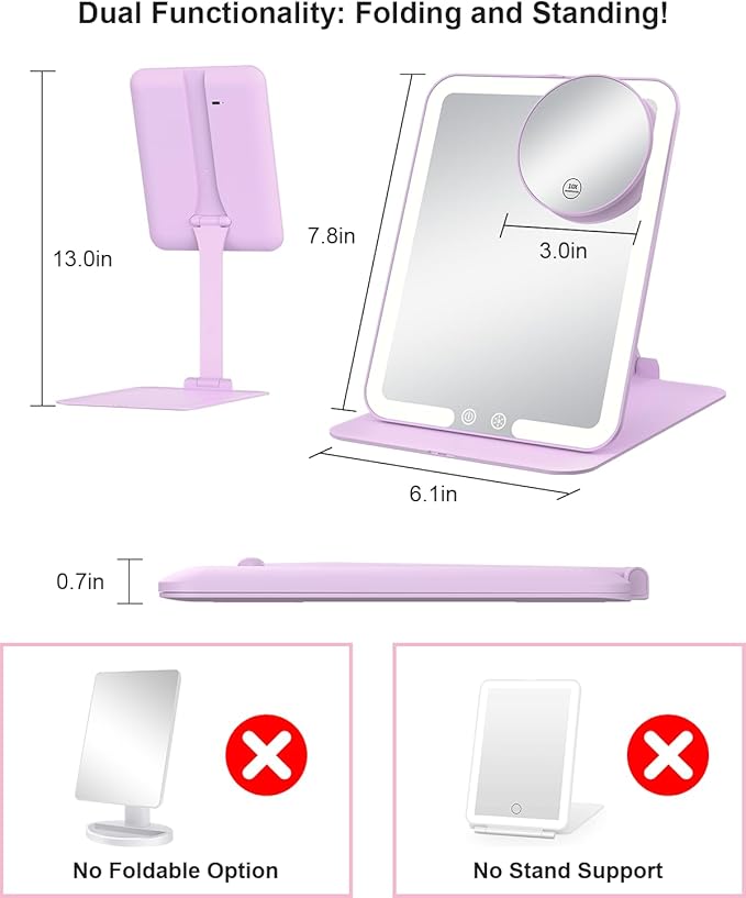 Gospire Travel Makeup Mirror with Lights and Magnification 10X, Portable Make Up Compact Tabletop Cosmetic with Adjustable Stand, 3 Colored Light Rechargeable LED Vanity Mirror - Purple