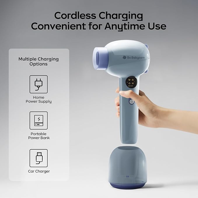 Bc Babycare Gentle Cordless Hair Dryer for Baby and Kids, Quiet Portable Mini Blow Dryer for Infant,Portable Travel Hair Dryer,Low Heat/Speed with 4 Model for Hair Diaper and Full Body (Purple)
