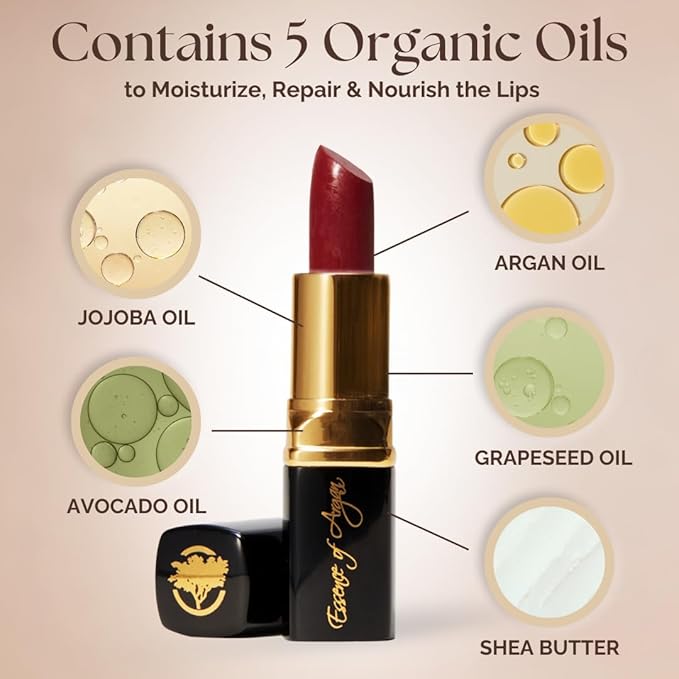𝗘𝘀𝘀𝗲𝗻𝗰𝗲 𝗼𝗳 𝗔𝗿𝗴𝗮𝗻 Moisturizing Deep Red Lipstick, Tinted Lip Balm with Pure Organic Argan Oil, Shea Butter Lip care, Lip Moisturizer, Long Lasting Lipstick Cabernet