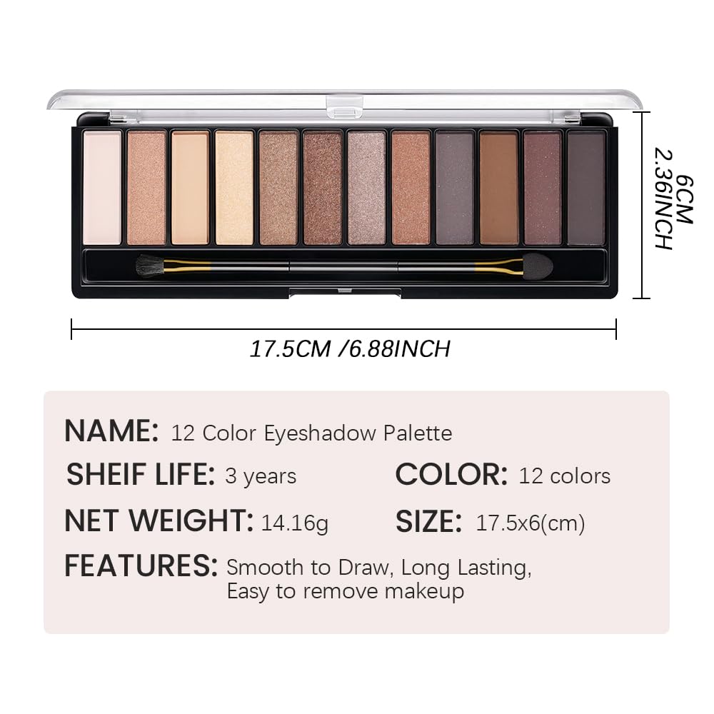 12 Colors Eyeshadow Palette – Neutral Warm Tone Matte & Glitter Eye Makeup Palette, High Pigment Waterproof Eyeshadow Kit for Women – Blendable Natural Brown, Nude, Rose Gold Shimmer Makeup 01#