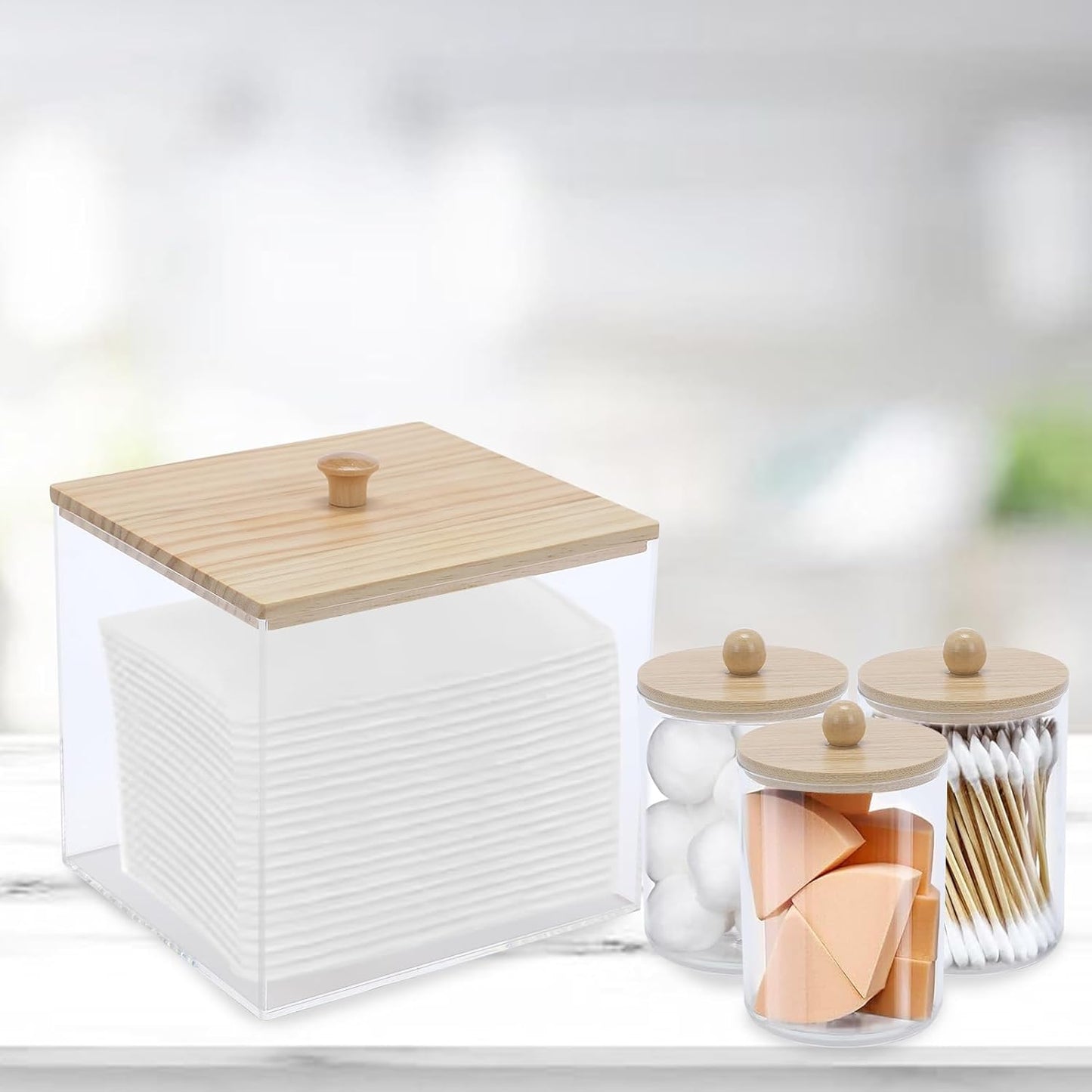 4 Pack Qtip Holder Dispenser with Bamboo Lids & Disposable Face Towel Holder Set, Clear Storage Bins for Facial Cloth, Vanity Makeup Storage Organizer, Bathroom Essentials Accessories Decor