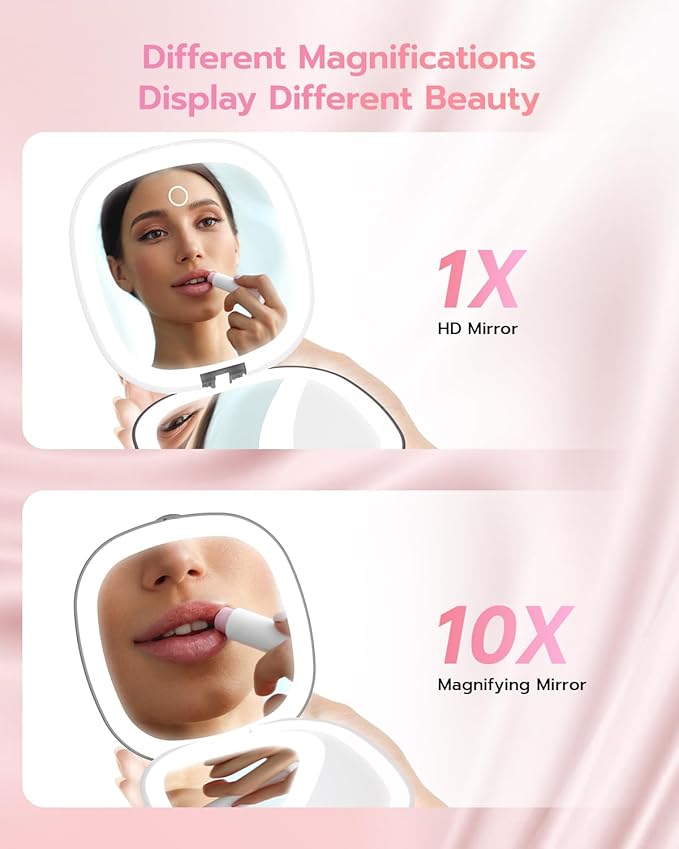 Benbilry 3.9" Rechargeable Compact Makeup Mirror with 3 Light Colors and Magnification 1X / 10X, Double Light Strip Dimmable Small LED Travel Mirror for Purse, Black