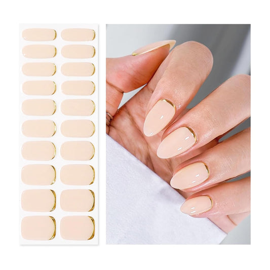Semi Cured Gel Nail Strips | Built-In Gel Top Coat | UV Light Required | Salon Quality, Easy Application And Removal (Nude With Gold Trim)