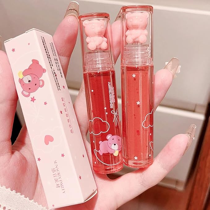 2Pcs Bear Lip Glaze Jelly Lipstick,Liquid Lipstick Cute Bear Lipgloss Waterproof Long Lasting Cheek Rouge Tint Cosmetics Bear Beauty Makeup Moisturizing Lip Stain Plumping Water Lip Gloss