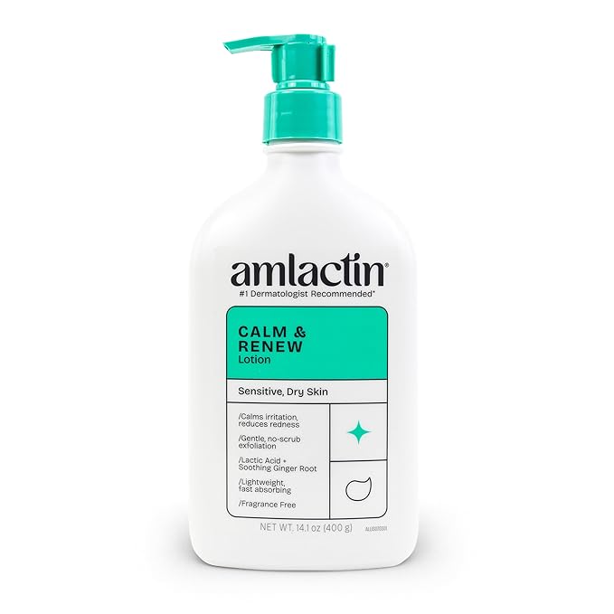 AmLactin Calm & Renew Lotion, 14.1 oz - Therapeutic Body and Face Moisturizer for Sensitive Skin - Exfoliator and Body Lotion for Dry Skin with Lactic Acid AHA and Soothing Ginger Root