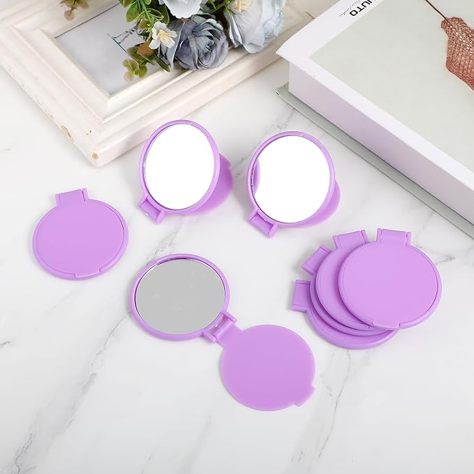 50 Pcs Round Compact Mirror for Purse Mini Folding Mirror Portable Pocket Mirror Makeup Small Mirror Vintage Portable Travel Makeup Mirror for Women Daily Use (Purple)