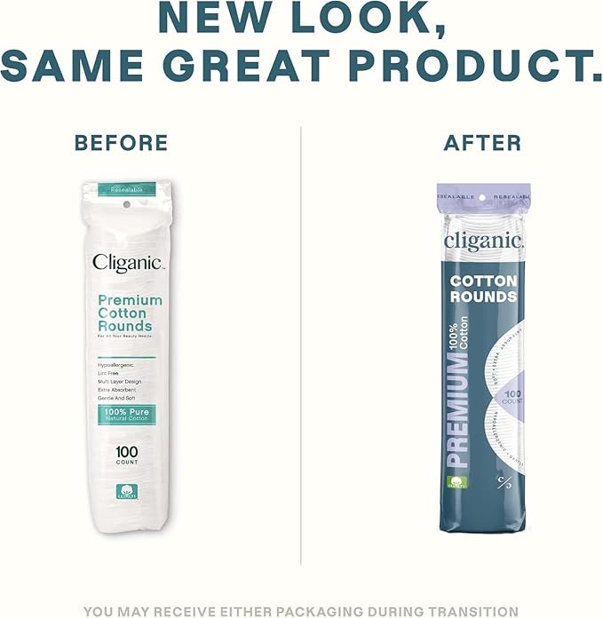 Cliganic Premium Cotton Rounds for Face (500 Count) | Makeup Remover Pads, Hypoallergenic, Lint-Free | 100% Pure Cotton (Packaging May Vary)