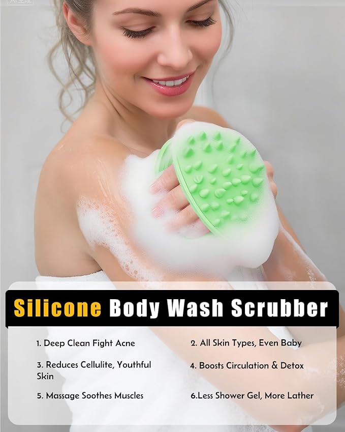 2 in 1 Silicone Body Scrubber, Anti Cellulite Massage Scrubber, Exfoliating Shower Brush for Men & Women, Removes Dead Skin, Reduces Cellulite, Improves Circulation, Fast Dry, Non Slip (1PC, Green)