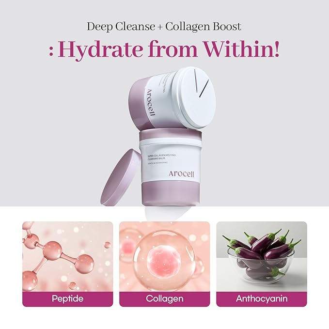 AROCELL Super Collagen Melting Cleansing Balm – Grinding Deep Pore Blackhead Cleanser with Peptide Face Wash Makeup Remover Hydrating Korean Skincare