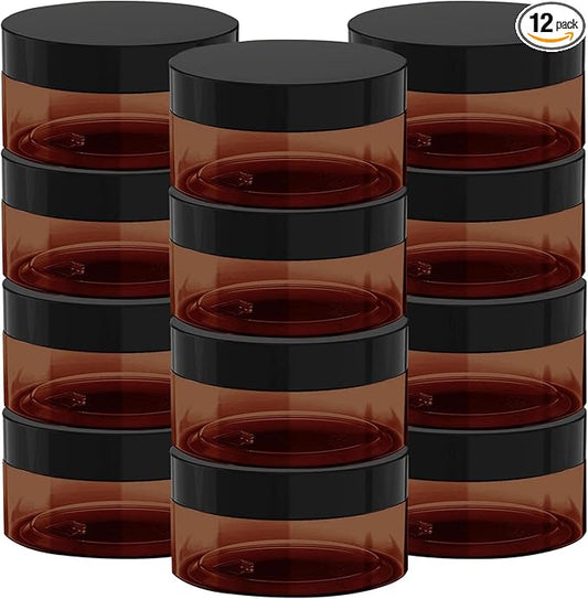 8 oz Amber Plastic Cosmetic Jars Leak Proof Container with Black Lid for Cream, Lotion, Powder, ointment, Beauty Products etc, 12 Pcs.