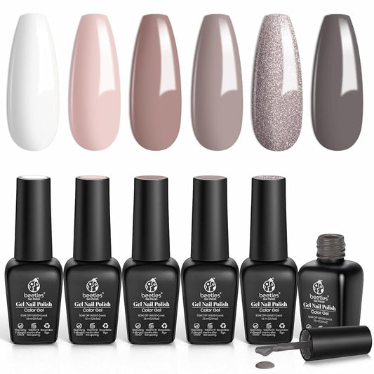 Beetles Nude Gray Gel Nail Polish Set, 6 Colors Nude Neutral Gel Polish Pink White Beige Grey Gel Polish Brown Taupe Gel Nail Polish Elegant Nail Art Manicure Kit Gifts for Women