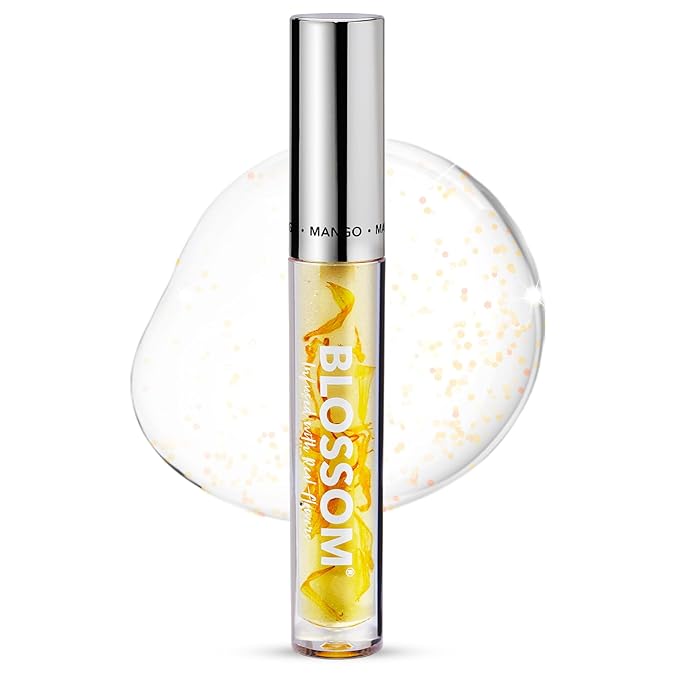 Blossom Lip Gloss & Lip Oil with Olive Oil + Grape Seed Oil, Moisturizing and Hydrating Shimmer Sparkle, Infused with Real Flowers, 3g, Mango