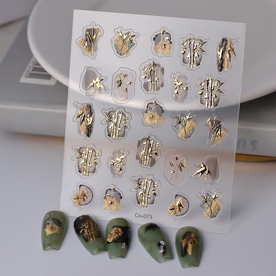 Bamboo Nail Art Stickers 5D Embossed Plants Nail Stickers, Self-Adhesive Durable Nail Art Decals for Women Girls, Nail Wraps Decoration Manicure for DIY Acrylic Nail Accessories