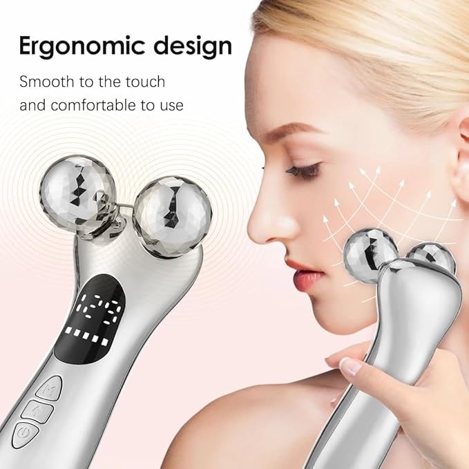 4D Facial Beauty Roller Massager – Double-Ball Neck Lift Device with 12 Massage Modes, 5 Vibration Levels & 9 Intensity Settings for Face & Body Sculpting (Silver)