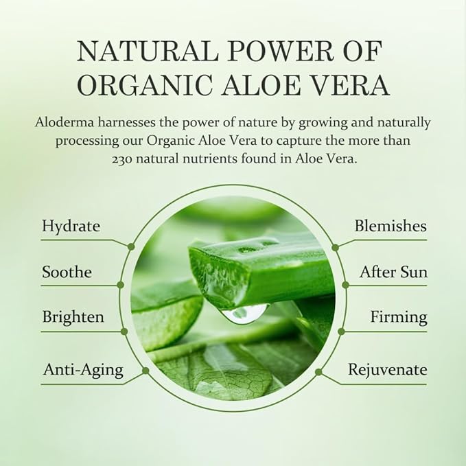 Aloderma Organic Aloe Vera Gel for Face & Body, 96% Pure Aloe Gel Made within 12 Hours of Harvest, Ideal for Skin, Scalp, & Hair Hydration, Calming Moisturizer for Soothing After Sun Care, 7.05oz