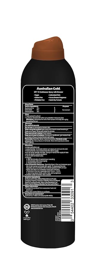 Australian Gold Continuous Spray Sunscreen with Instant Bronzer SPF 15, Immediate Glow & Dries Fast, Broad Spectrum, Water Resistant, Non-Greasy, Oxybenzone Free, Cruelty Free, 6 Ounce