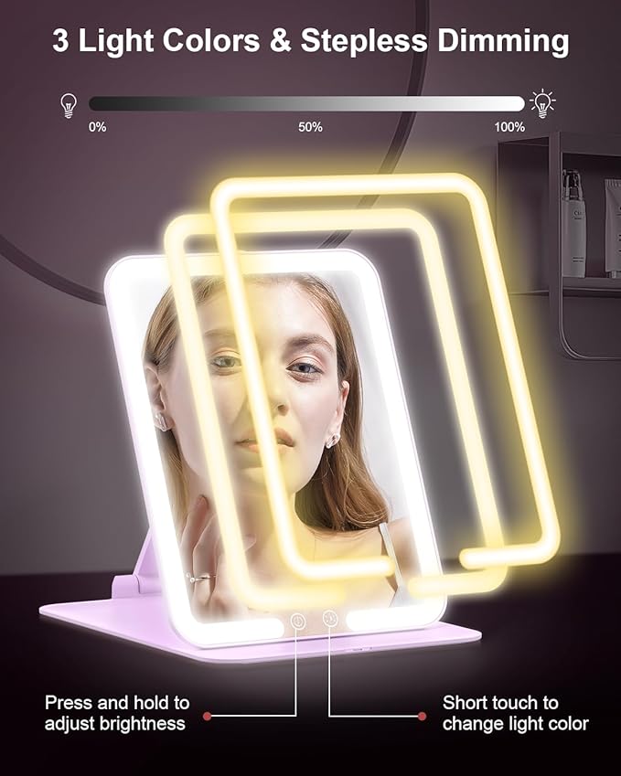 Gospire Travel Makeup Mirror with Lights and Magnification 10X, Portable Make Up Compact Tabletop Cosmetic with Adjustable Stand, 3 Colored Light Rechargeable LED Vanity Mirror - Purple