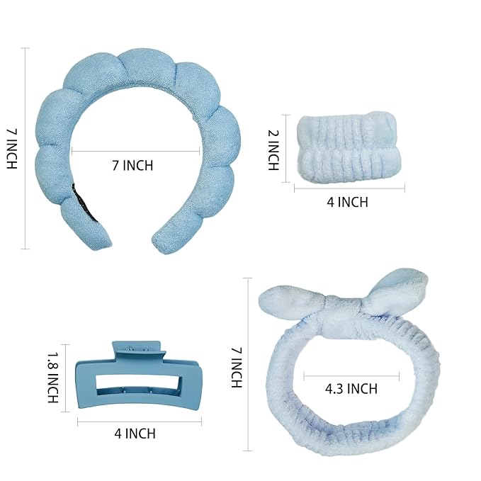 7 Pcs Spa Set, Facial Headband and Wristband Set, Skincare Accessories, College Style Girl Gift, Hair Accessories for Women and Girls (Blue)