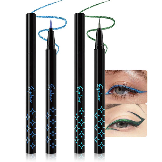 2PCS Metallic Glitter Coloured Liquid Eyeliner Pens Set03 – Waterproof Mark Emerald or Blue Long-Lasting Sparkly Eye Lin Makeup – Tattoo-Effect Ink Liners for Women & Men,Delineador Líquido con Brillo