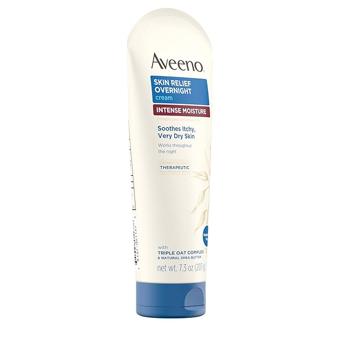 Aveeno Skin Relief Overnight Intense Moisture Cream with Triple Oat Complex & Natural Shea Butter, Therapeutic Dimethicone Skin Protectant for Dry Itchy Relief, Fragrance-Free, 7.3 oz, 3 Pack