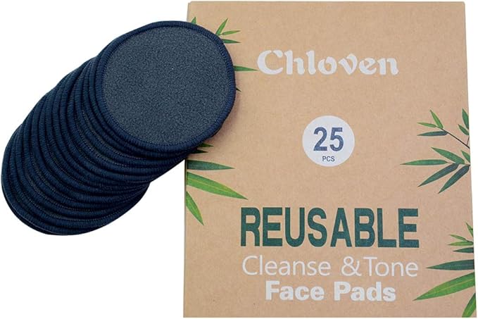 Chloven 25 Pack Charcoal Bamboo Reusable Makeup Remover Pads - Bamboo Reusable Cotton Rounds for Toner, Washable Eco-Friendly Pads for All Skin Types with Cotton Laundry Bag