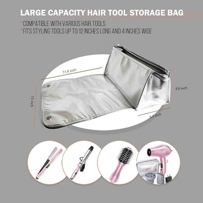 DAN Technology Hair Tools Travel Bag, 12.5 x 5.5 x 5.5 inches, Silver - Heat Resistant Mat, Protective Pad, Hanging Rope, Portable Design, Ideal for Hair Dryer, Curling Iron, Flat Iron, Straighteners