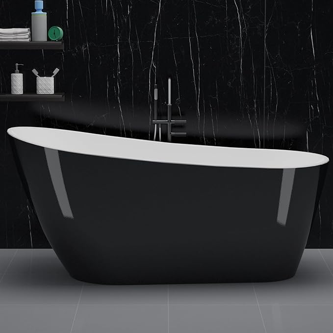 59 inch Stand Alone Tub Acrylic Freestanding Soaking Bathtub – Modern Matte Black and White Bath with Chrome Drain, Perfect for Guest Bathroom or Urban Living Spaces