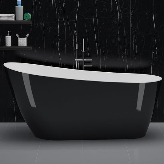59 inch Stand Alone Tub Acrylic Freestanding Soaking Bathtub – Modern Matte Black and White Bath with Chrome Drain, Perfect for Guest Bathroom or Urban Living Spaces