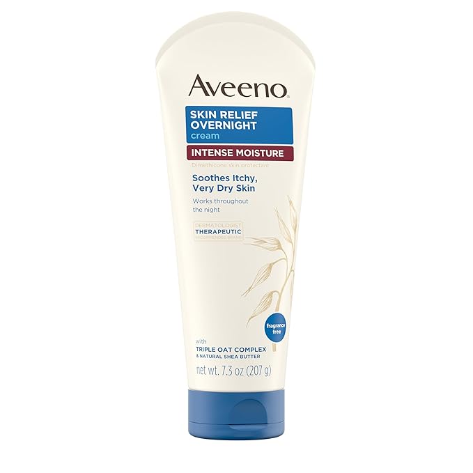 Aveeno Skin Relief Overnight Intense Moisture Cream with Triple Oat Complex & Natural Shea Butter, Therapeutic Dimethicone Skin Protectant for Dry Itchy Relief, Fragrance-Free, 7.3 oz, 3 Pack