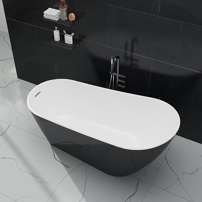 59 inch Stand Alone Tub Acrylic Freestanding Soaking Bathtub – Modern Matte Black and White Bath with Chrome Drain, Perfect for Guest Bathroom or Urban Living Spaces