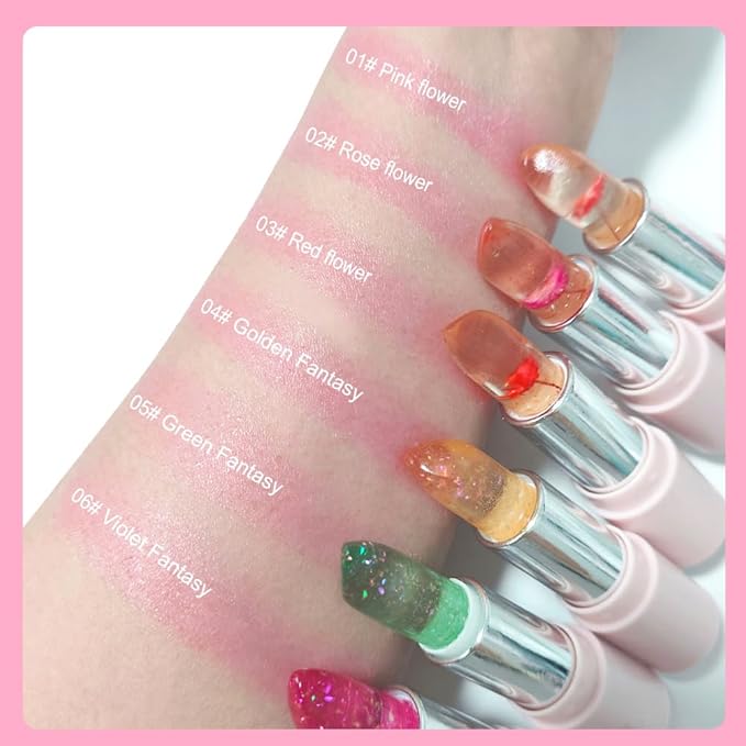 BINGBRUSH 6Pcs Color Changing Lipstick,Pink Crystal Flower Jelly PH Mood Long Lasting Labiales Lip Care Moisturizer Lip Balm Korean Magic Lip Gloss 24 Hours Lip Tinted Stain Makeup Set for Women