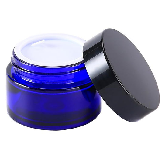 1 oz Glass Container Jar with Lid, Small Empty Cosmetic Round for Cream, Lotion (Blue)