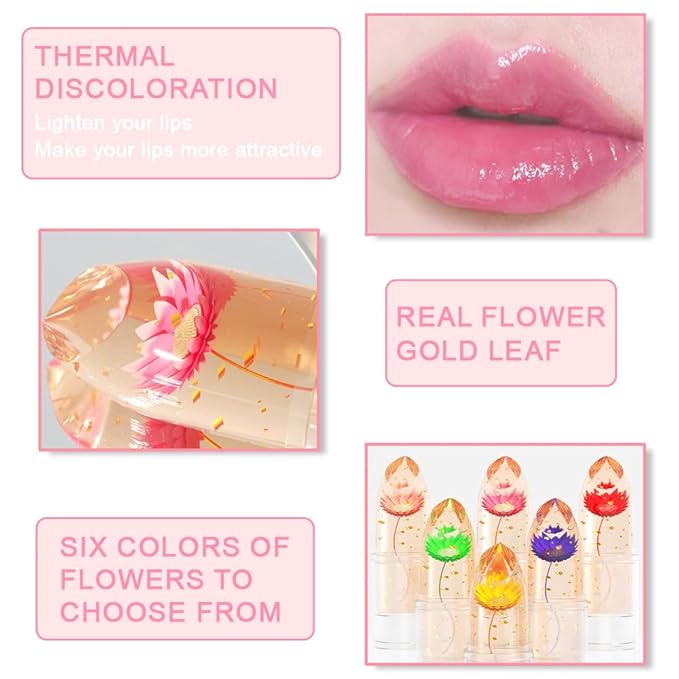 BINGBRUSH Crystal Flower Jelly Color Changing Lipstick,Long Lasting Lip Care Moisturizer Lip Balm Magic Color Change Lip Gloss Lip Tint Stain Matte Makeup Lipstick (01#Pink flower)