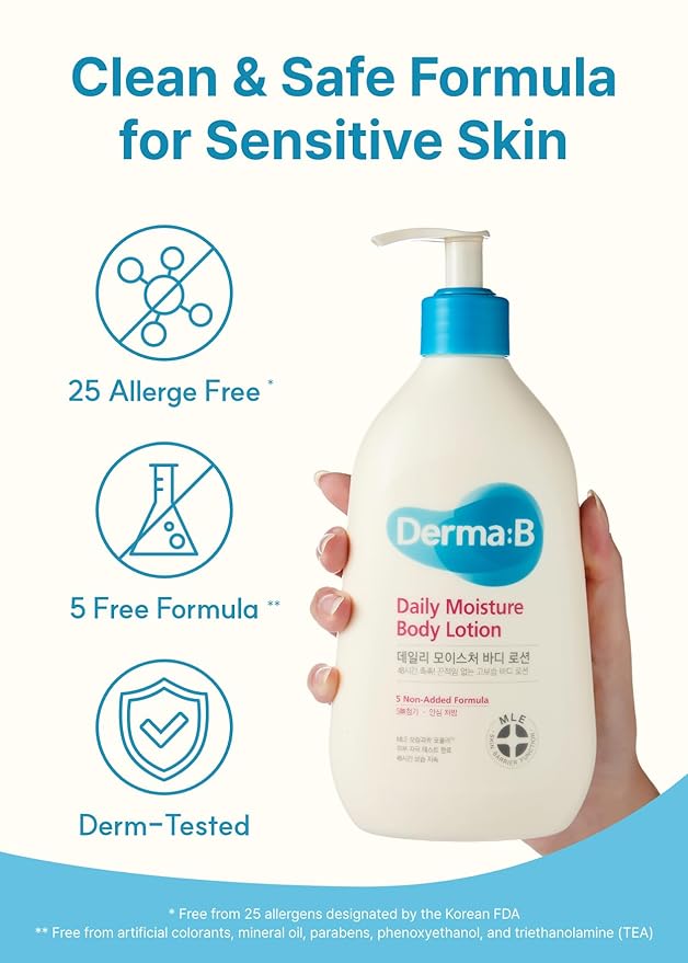 Derma B | Daily Moisture Body Lotion | Body Cream for Dry Skin | Long-Lasting Body Moisturizer for Sensitive Skin | Woody & Powdery Scented | Skincare with Panthenol, Shea Butter | 13.5 fl oz (400ml)