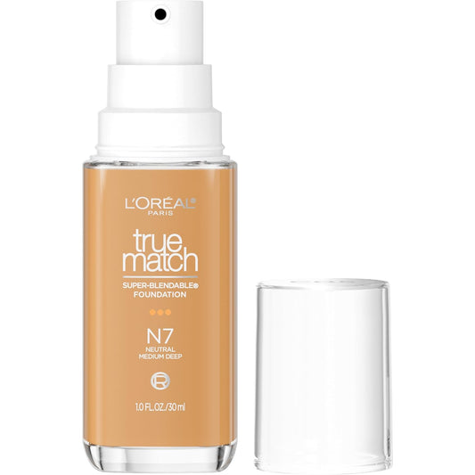 L'Oreal Paris True Match Super-Blendable Foundation, Medium Coverage Liquid Foundation Makeup, N7, Medium Deep, 1 Fl Oz